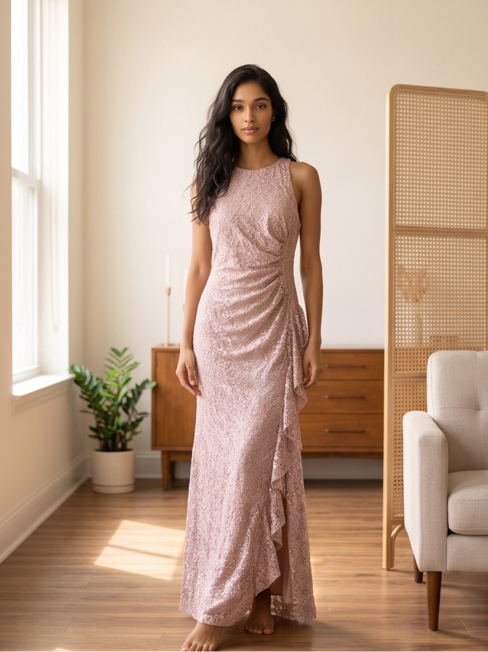 Alex Evenings Blush Lace Ruffle-Trim Maxi Dress